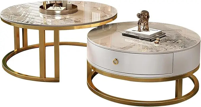 RUO WU Modern Two-In-One Brown Glass Top Metal Frame Base Nesting Coffee Tables/1 Drawer/ Size: 74"D x 74"W x 31"H/Colors-Clear/White/ Silver/ Multicolor