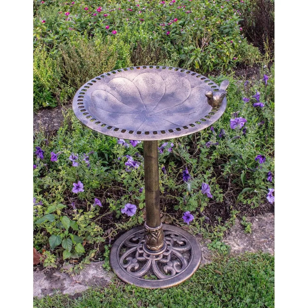 No-EN-Name-Null Outdoor Free-Standing Patio-Garden Weather-Fade Resistant One Decorative Bird On Polyresin Bronze Metal Finish Hallowed Out Scrollwork Base Bird Baths/Ground Stakes Included