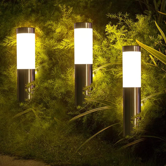 Outdoor Cylinder Tube Shape Black-Silver Stainless Steel Body Solar Pathway Warm Lights/Colors-Yellow/Black/Silver/White