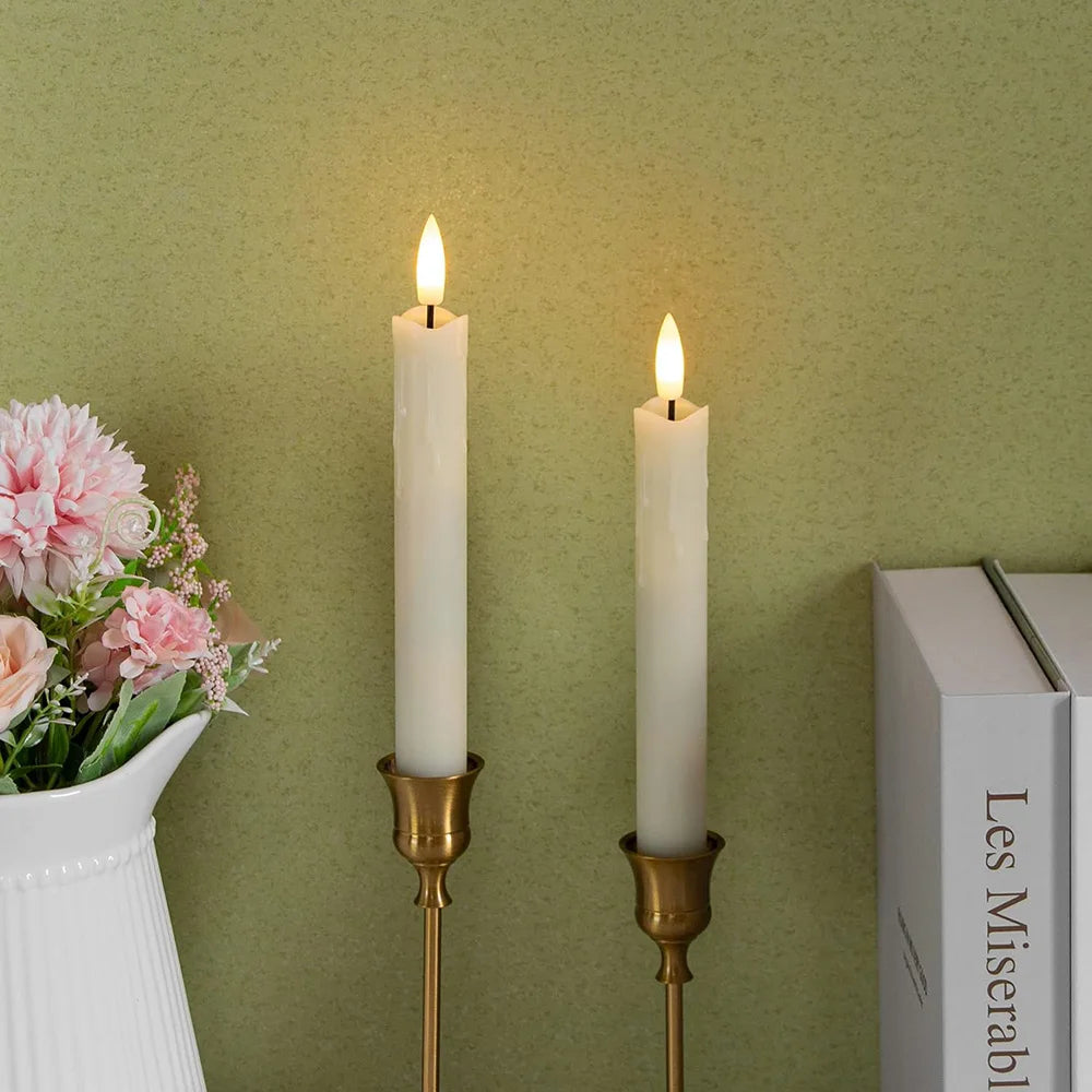 2 PCS Plastic White LED 3D Wick Flameless Electric Taper Round Cylindrical Realistic Candlestick Candles/2 AA Battery Not Included