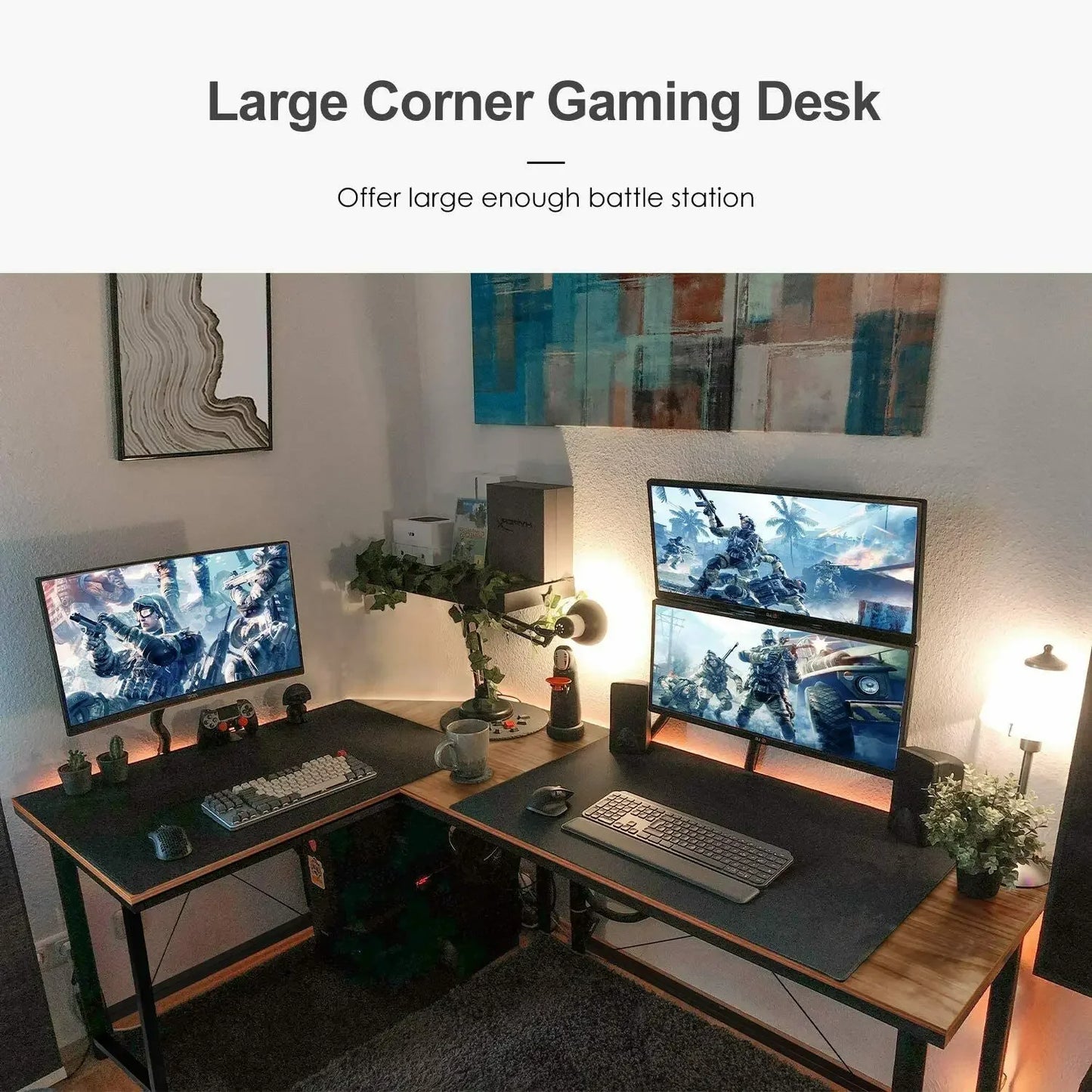 NULL Modern L-Shaped Corner Sturdy X Crossbar Design Brown Solid Wood Top Black Steel Metal Frame Gaming Laptop Computer Desks / Size: 190cm x 120cm x 75cm/Colors-Brown Tiger Wood Color/Black Wood Color/Assembly Required/Shelves/Storage Options