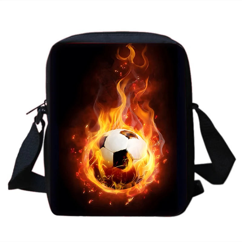 MINISO Kids 3 PCS Large Waterproof Nylon Fabric Zippers Exterior Pockets Printed-Burning Flames Soccer Ball Design Curved Back Shoulder Straps-Handle Sports IPAD Compartment School Backpacks/Color-Black/White/Blue/Multicolor