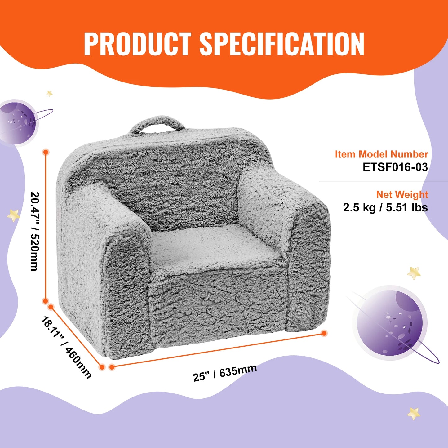 Kids Polyester Fold-Out Cartoon Stars-Moon Pattern Soft Comfortable Fleece Fabric Foam One-Seat Armchair Sofas/Colors-White/Gray