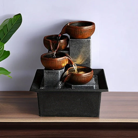 Feng Shui Plastic LED Lights Tabletop 4-Tier Brown Clay Pots Sitting On 4 Silver Square Pillars Water Flowing Black Fountains
