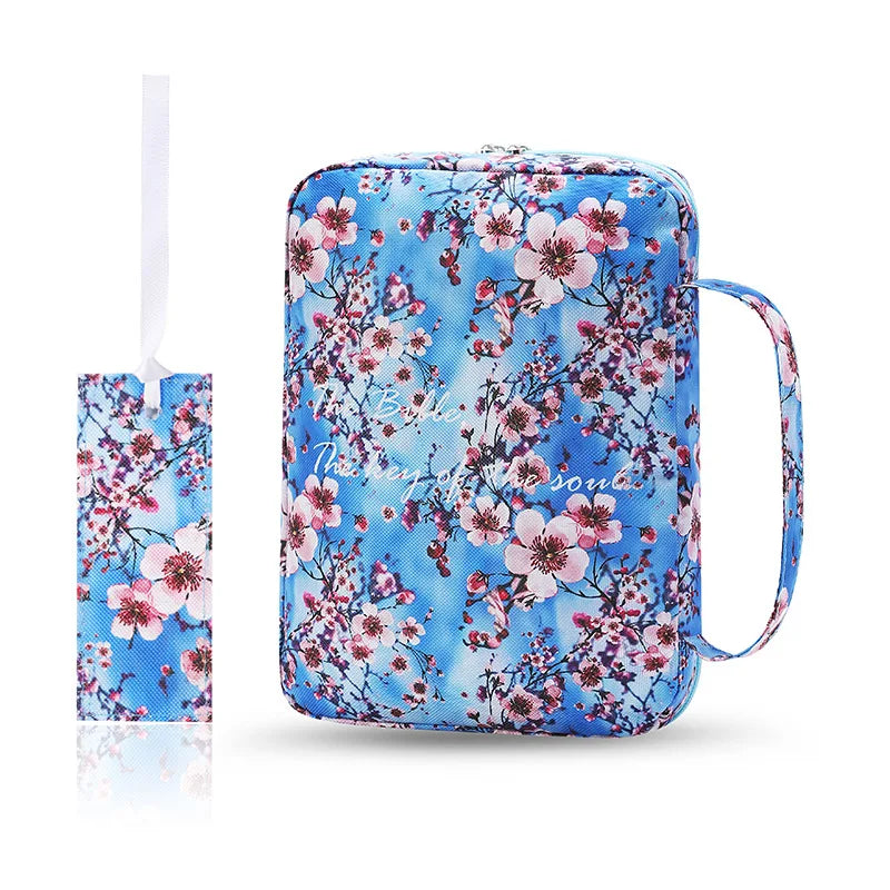 ALL GLORY Soft Handle Blue Floral Design Saying God Is Within Her She Will Not Fall Psalms 46: 5Metal Zippered Internal Pockets Nylon Fabric Polyester Lining Religious Items Bible Cover Cases/Colors-Various Floral Patterns