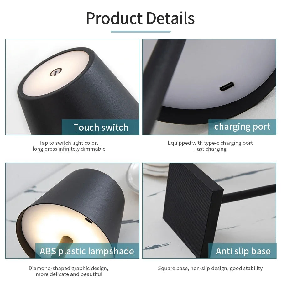 ATCOMM Waterproof Tricolor Stepless Dimming Warm-Cool White LED Lights Black-White Downward ABS Plastic Shade Round Tubular Cylindrical Square Flat Metal Base USB Charging Port Built-In Rechargeable Battery Adjustable Desktop Lamps