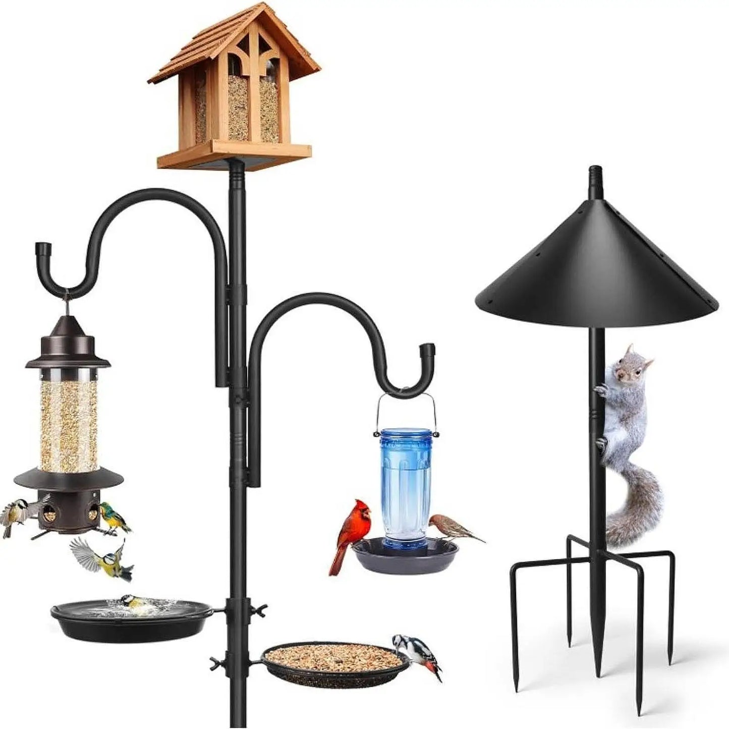 KESOTO Outdoor Rust-Resistant Black Iron Metal Stainless Steel Coated-2 Birdhouse Brackets-3 Squirrel Proof Guards-2 Bird Feeding Plate-2 Hooks-7 Light Stand Station Stake Feeder Poles/1 Pack Accessories