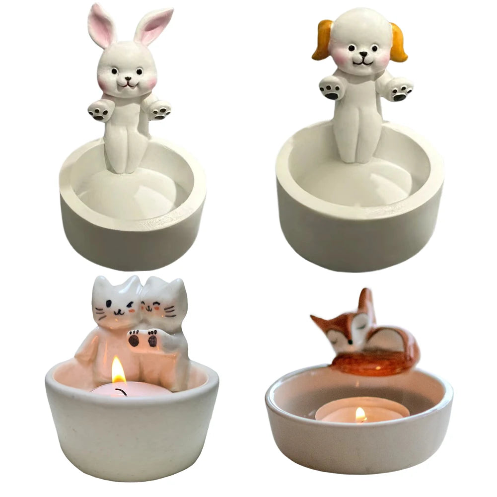 DUUTI Polyresin Heat Resistant White Cute Adorable Eye-Catching Cartoon Funny Cats-Dogs-Rabbits-Foxes Design Round Bottom Small Tea Lights Candle Holders
