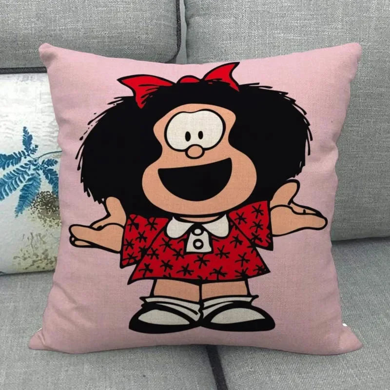 No-EN-Name-Null Customized Multicolor Square Machine Washable Soft Linen-Cotton Fabric Printed Mafalda Pillowcases/ Sizes: 45X45(One Sided)/Colors-Red/Purple/Beige/White/Pink/Blue/Black/Floral/Multicolor