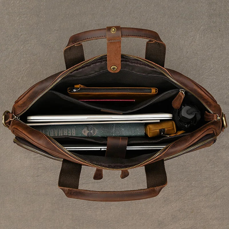 NEWSBIRDS Men Modern Rectangle Shaped Brown-Black Genuine Cowhide Leather Built-In 14-15.6 Inch Single Laptop Compartment Metal Zipper Two Handles-Detachable-Adjustable Shoulder Strap Briefcases