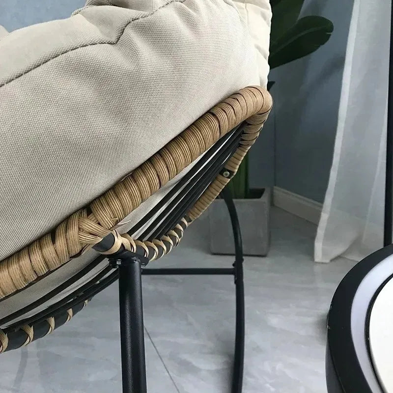 No-EN-Name-Null  Modern Indoor One Person Soft Upholstered Padded Bird Nest Thick Linen Multicolor Cushions Rattan Seat Bottom Black Metal Frame Reclining Rocking Chairs/Colors- Gray/Beige/Black/Brown/Multicolor
