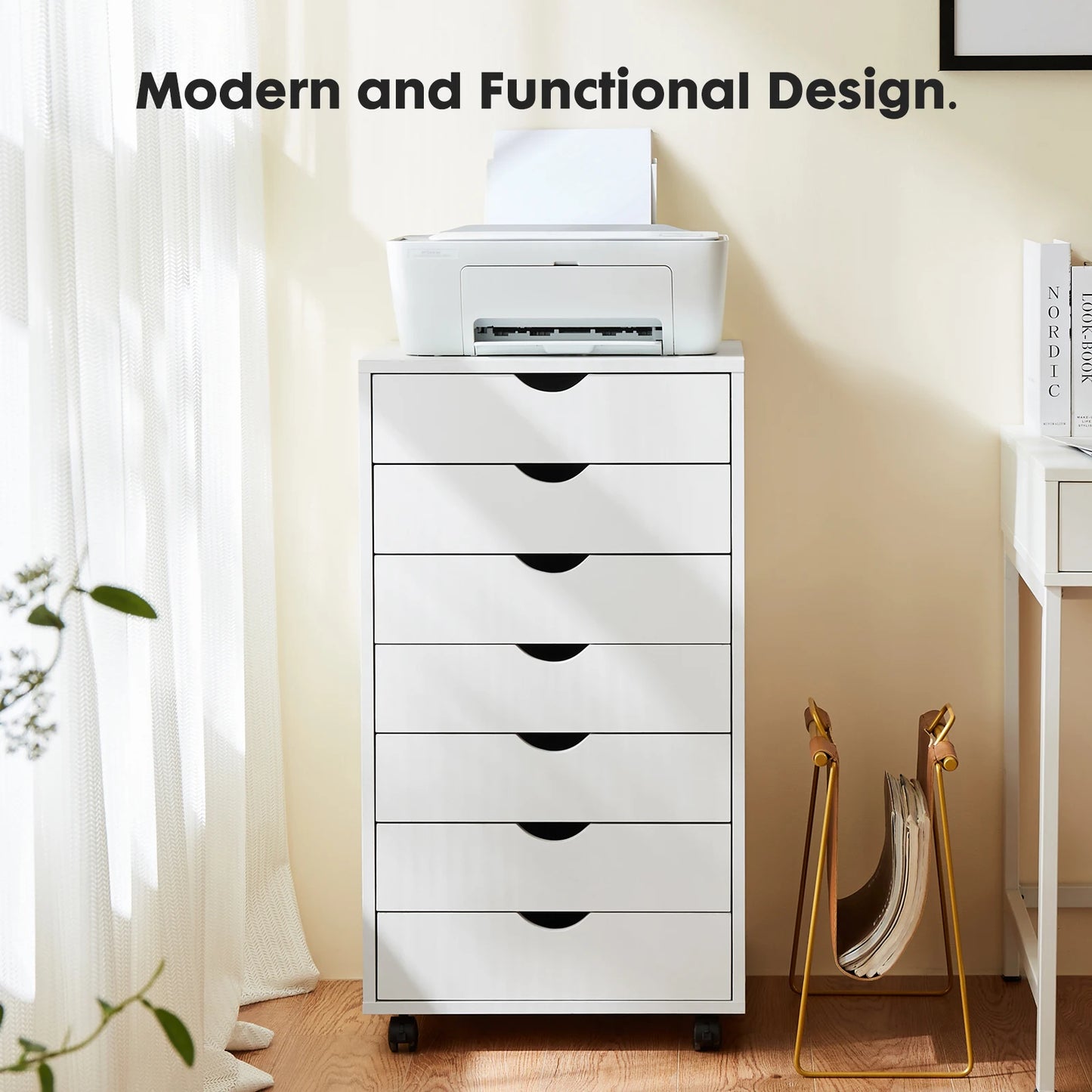 JHK Modern Tall Large White-Black Wood Metal Sliding Seven Drawers Two Brakes Four Black Plastic Locking Wheels Dressers/Sizes: L 15.75 x W 18.74 x H 34.25 Inch/Metal Gliding Fixtures On 7 Drawers