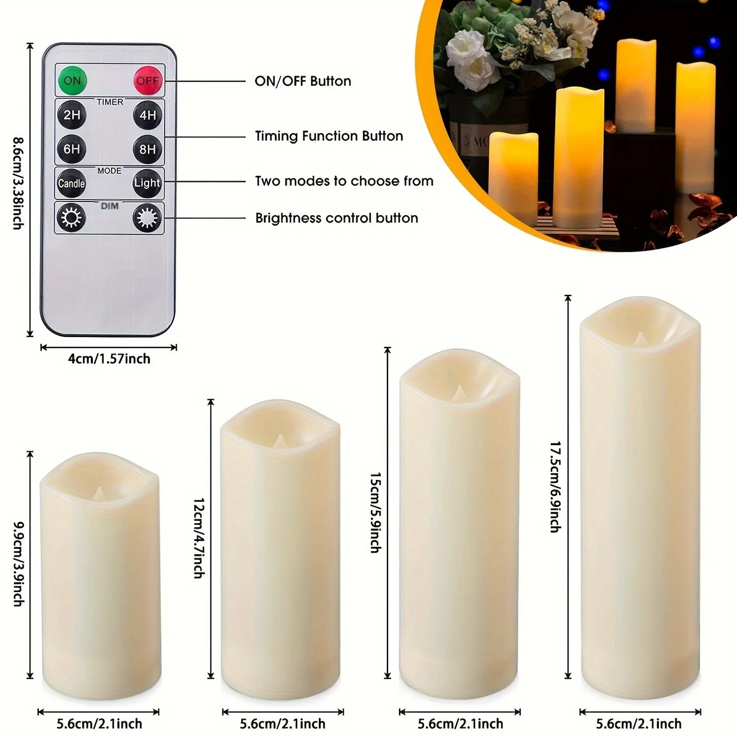 4-10 PCS Set LED Round Frosted Plastic Base Flameless Candles/Remote Included /2-4-6-8 Hour Timer/ 2 AA batteries (Not Included) /Colors-White/Yellow/Beige
