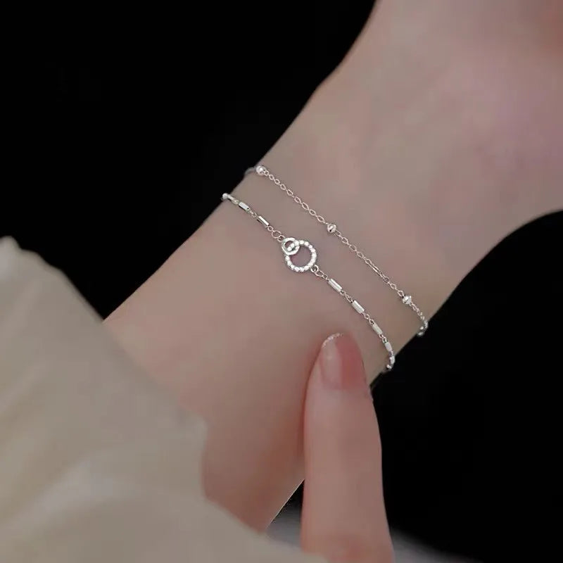 VENTFILLE Adult Women Fine Imitation Sterling Silver-Plated Metal Three-Layers Round O Rings Shaped Chain Charms Bracelets