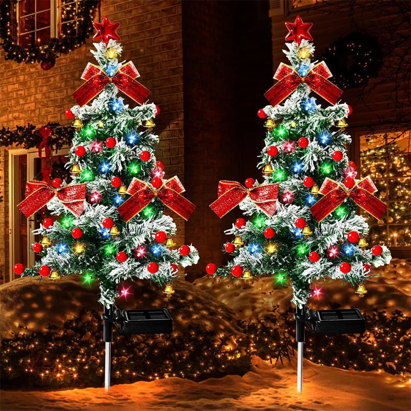 2 PCS Outdoor Solar-Powered Plastic-Polyester Body Decorative Red-Green Floral Christmas Trees Shaped Warm White LED Waterproof Pathway Holiday Ornaments Lights/Colors-Green/Red/Floral/Multicolor/Bulbs Included