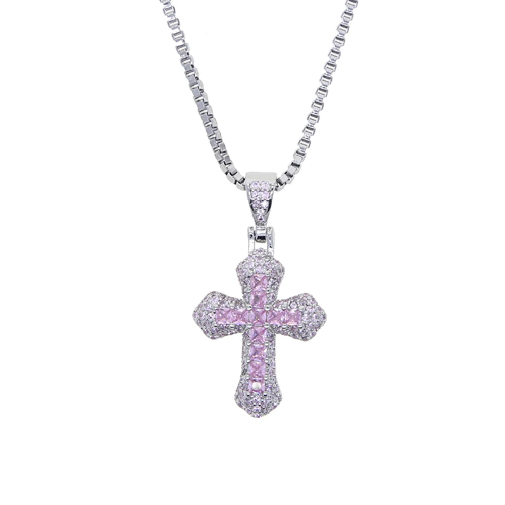 ATJMLADY Unisex Fine Imitation Silver-Plated Stainless Steel-Copper Metal Shiny Clear White-Multicolor Small Cross Pendant Box Link Chain Necklaces/Colors-Pink/Purple-Black/Multicolor/Sliver/Blue