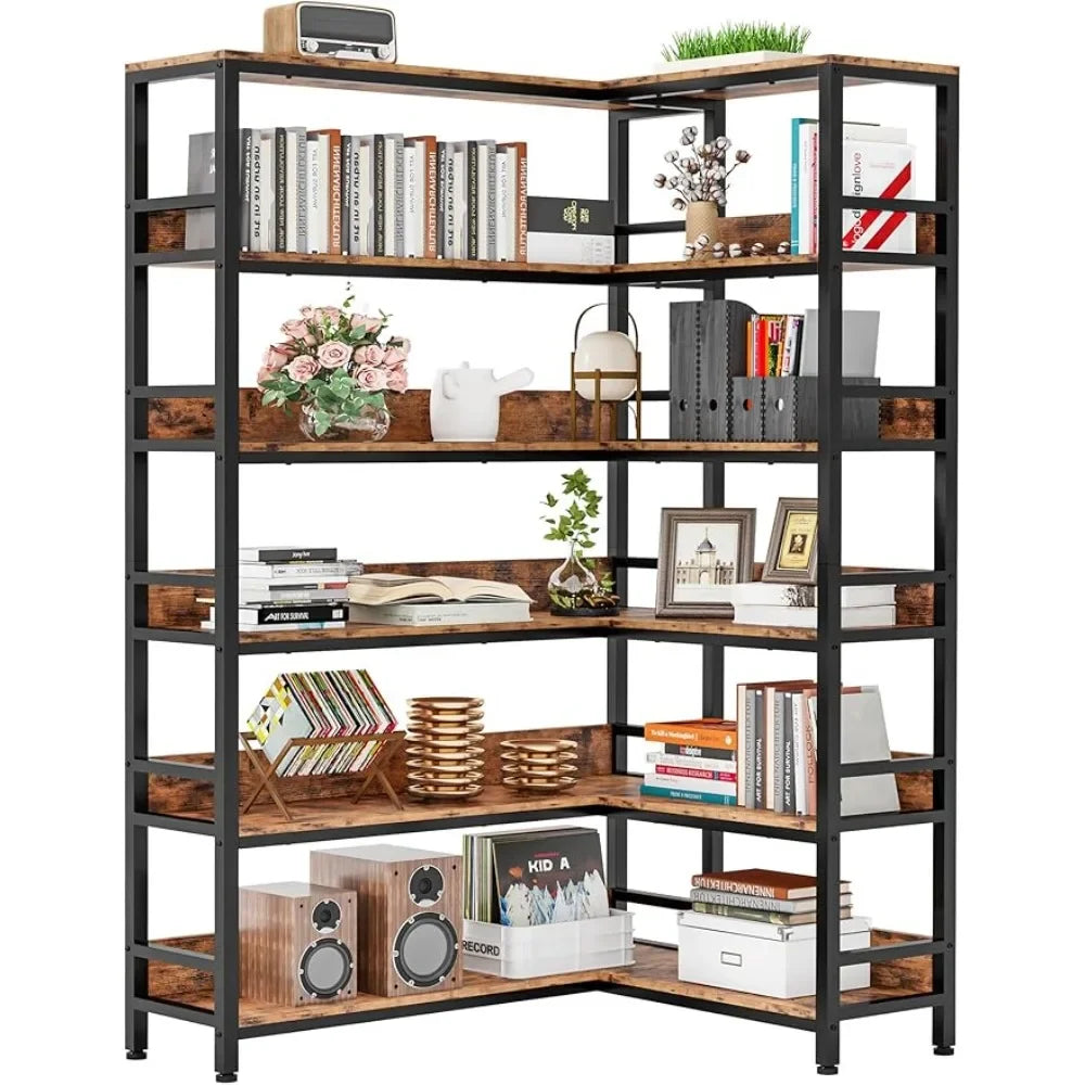 TONGYUE Indoor Modern Black-Brown Industrial Iron Metal Frame Engineered Wood Corner Bookcases-Shelves/Left Side- Size: 11.8" D x 43.3' W x 78" H/Right Side- Size:  11.8" D x 35.4" W x 78" H