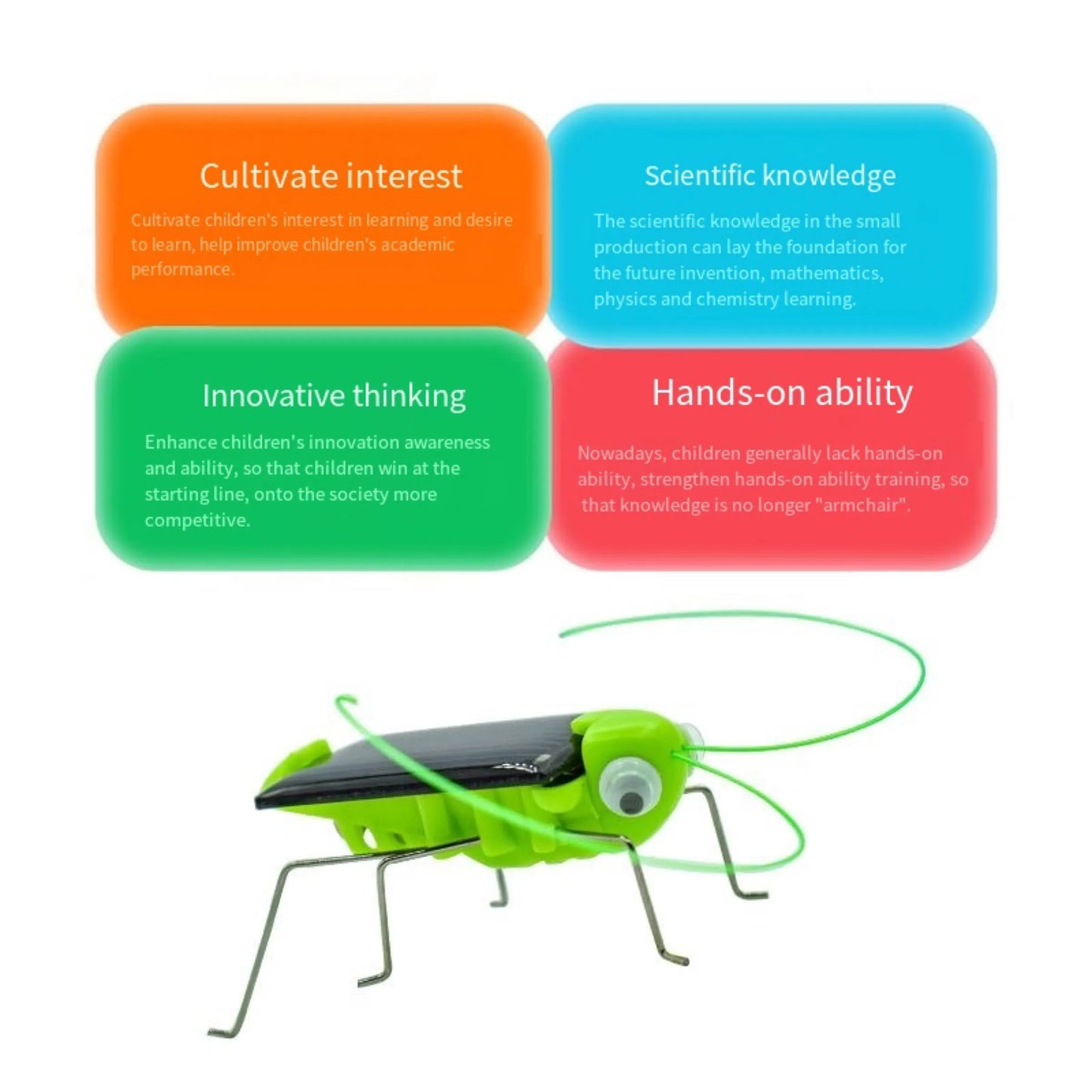 Modern Adults Science Solar-Powered Plastic-Metal Legs Funny Hopping Predominantly Green Grasshopper Insect Black Solar Panels On Back Educational Puzzle Toys/ Recommend Ages: 18 Years Old/Colors-Green/Black/White/Silver/Insects Animals