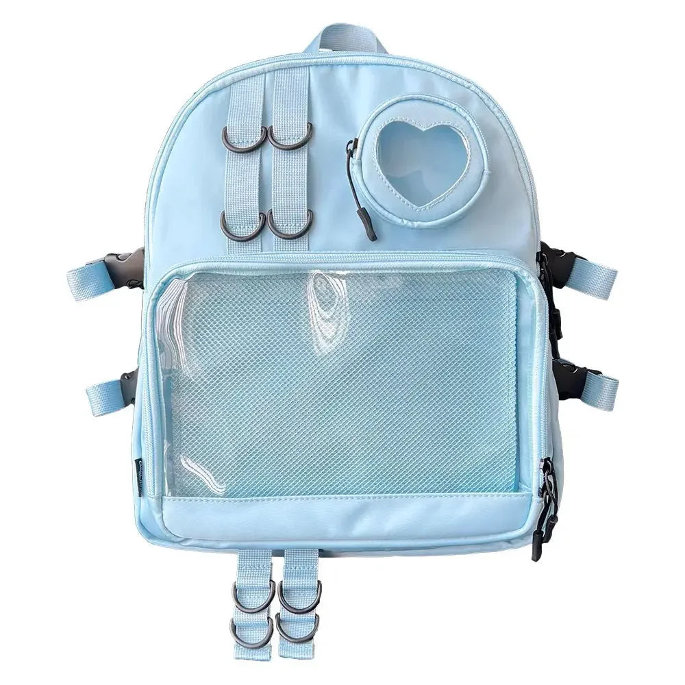No-EN-Name-Null Teenage Girls Lightweight Waterproof Beige Canvas Fabric Anhui Clear Transparent Windows Shoulder Straps-Handle Built-In Compartment External Pockets School Backpacks/Colors-Beige/Black/Blue/White