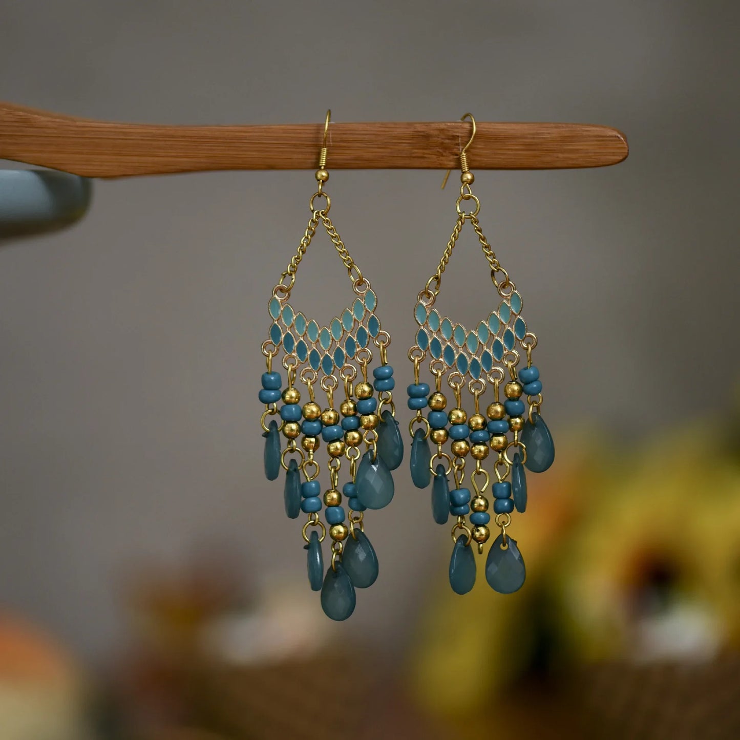DAIPAN Adult Women Imitation Bohemian Multicolor Resin Beads Water Drop Tassel Gold-Plated Copper-Metal Alloy Earrings/Colors-Multicolor/Gold/Blue/Red/Black/Geometric