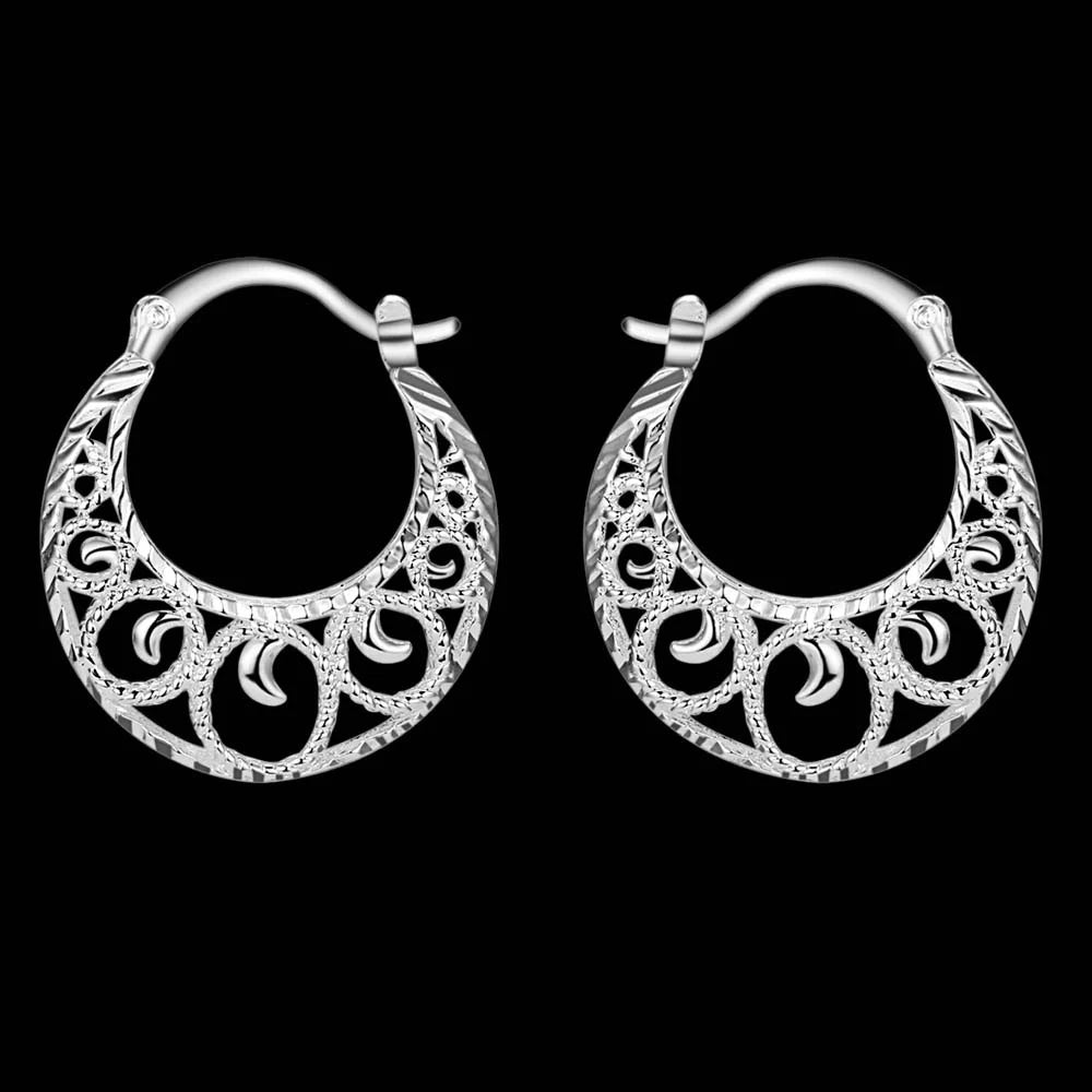 SAY Adult Women Fine Imitation Floral Silver Colored Design Sterling Silver Metal Hoop Earrings