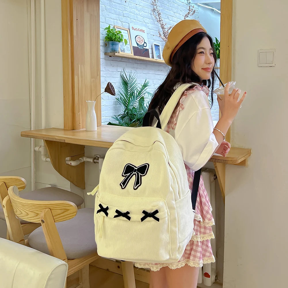 VKTECH Women Lightweight White Corduroy Charming Butterfly One Big-Three Small Black Bowknots Design Zippers Single Compartment Polyester Lining Shoulder Straps-Handle External Pockets School Backpacks/Colors-White/Black/Beige