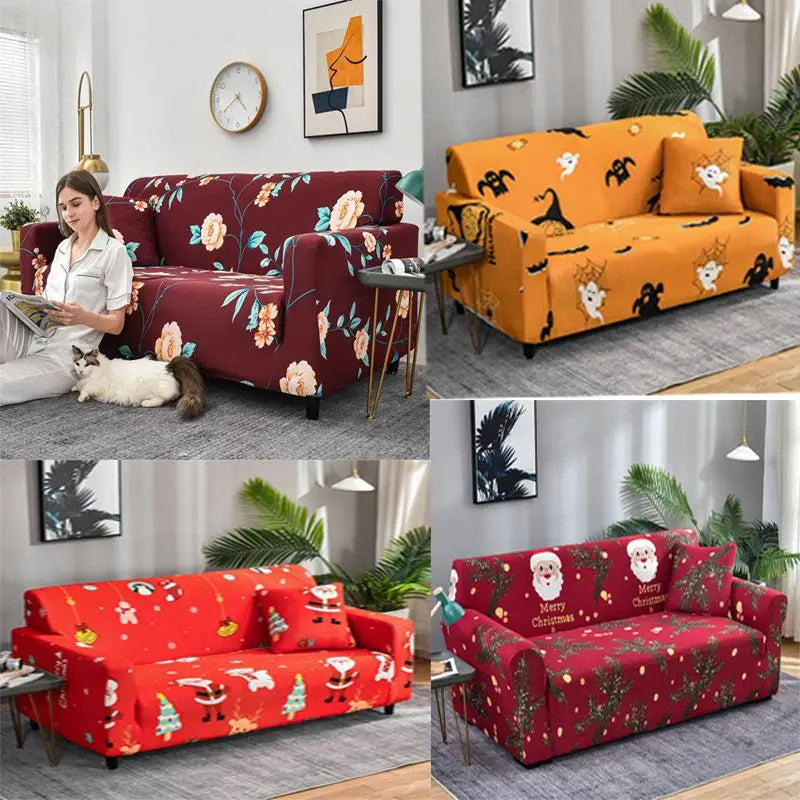 Christmas Theme Red-Green Polyester-Spandex 1-4 Seater L-Shape-Sectional Sofas Stretch Non-Slip Slipcovers