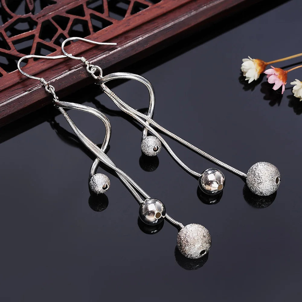 GAABOU Adult Women Fine Imitation Sterling Silver Metal Ball-Shaped Long Hanging Tassel Drop Dangle Earrings