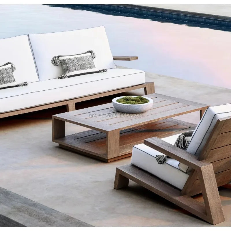 NALLONHU Outdoor Waterproof All-Weather Removable Quick-Dry Synthetic White Fabric Foam Cushion Slipcover UV Protection Brown Myanmar Teak Wood Frame Sofas-Rectangle Shaped Coffee Table Sets/Colors-Brown/White