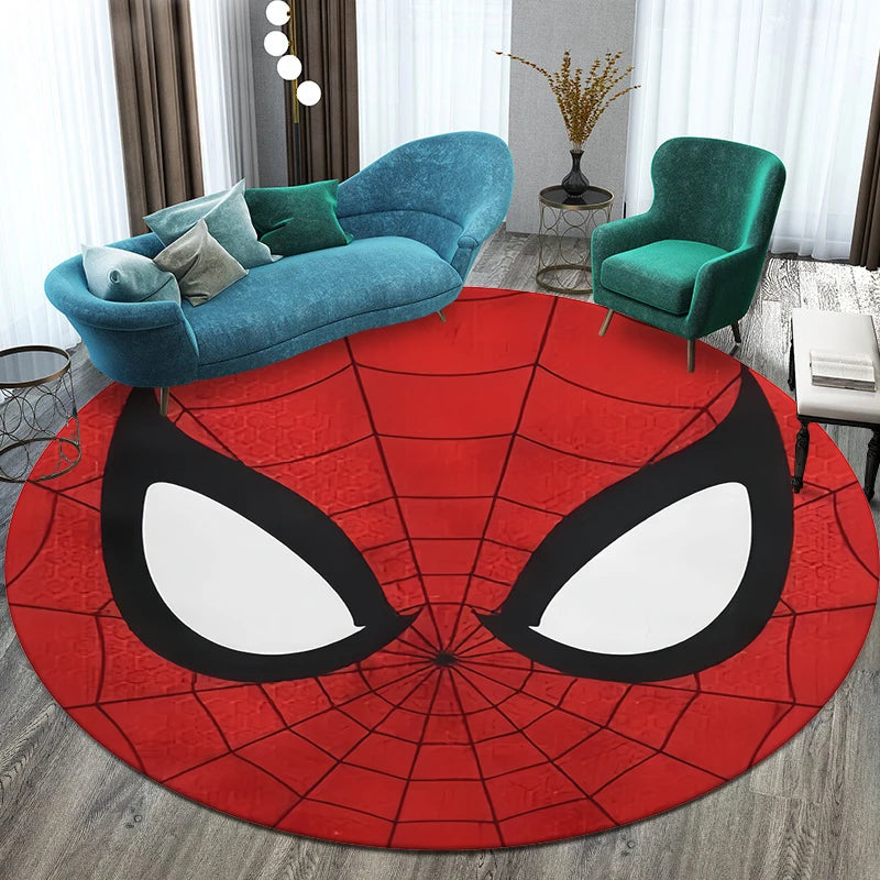 MINISO Round Shaped HD Printed Red Background MARVEL Spider Man Design Anti-Slip Plastic Dots Bottom Fade Resistant Soft Velvet Polyester Fabric RUGS /Colors-Orange/Blue/Red/Multicolor