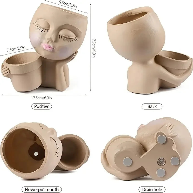 No-EN-Name-Null Indoor-Outdoor Classic Beige Resin Cute Girl Face Handheld Basket Flower Pots Planters/Colors-Beige/White/Gray/Brown/Pink/Multicolor/Floral