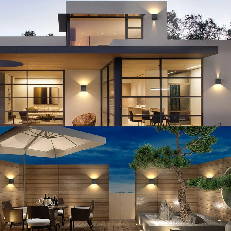 ERTIMELED Modern Outdoor-Indoor Waterproof Black Square Aluminum Metal Box Shaped Tempered Glass Adjustable Warm-Cool White LED Lights Up-Down Wall Light Fixtures /Bulbs Included