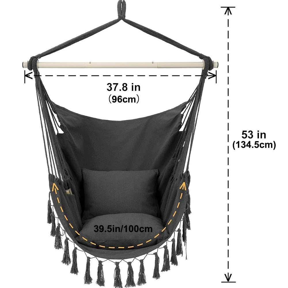 Retro Cotton Weaved Hammock Hanging Swing Chair/ 2 Cushions / Large Pocket/Weight Max 500 lbs/Colors-Black/White/Gray/Beige/Multicolor