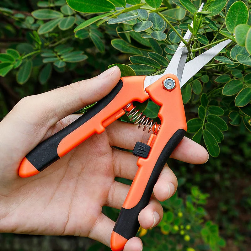 LIPLASING Handheld Safety Lock-Catch Anti-Slip Grip Green-Black Plastic-Rubber Handles Stainless Steel Metal Blades Straight Head-Elbow Bypass Cutting Garden Pruning Shears/Colors-Green/Orange/Blue
