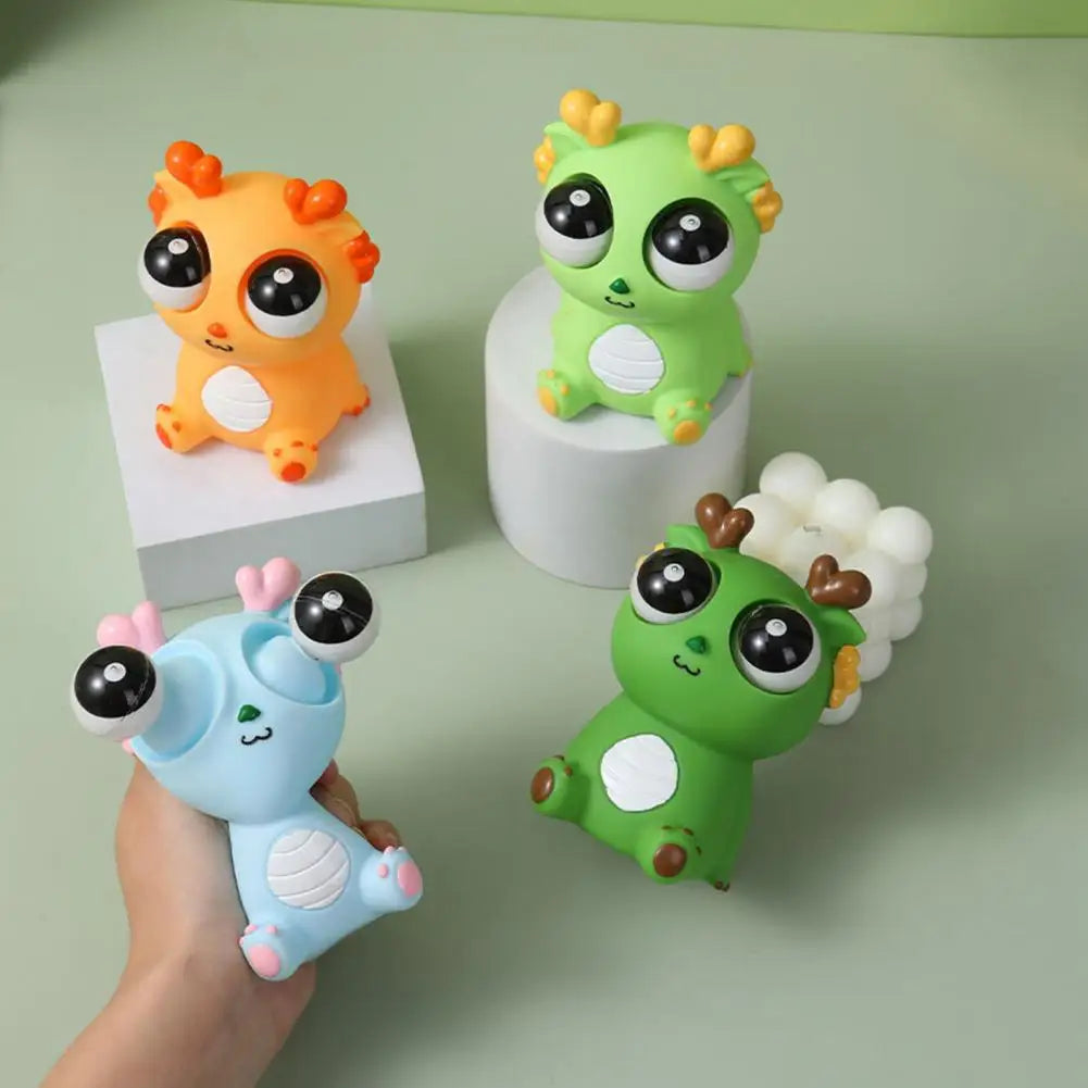 Soft Plastic Squeezable Funny Bulging Eyeball Cartoon Baby Dragon Figures Pinchable Anxiety-Stress Relief Toys/ Ages: 3-18 Years Old Adults/Multicolor/Black/Green/Blue/Red/Yellow/Dots/Animal