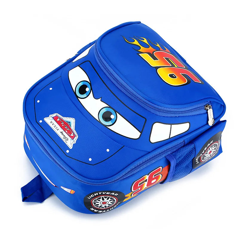 MINISO Kids Kindergarten Cute Cartoon Disney CARS Movies-TV Design Double Zippers Anti-Splashing Waterproof Red-Blue Nylon Fabric Shoulder Straps Exterior Pockets Side Water Bottle Holder School Backpacks