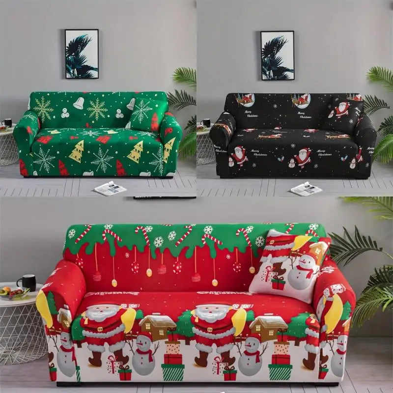 Christmas Theme Red-Green Polyester-Spandex 1-4 Seater L-Shape-Sectional Sofas Stretch Non-Slip Slipcovers