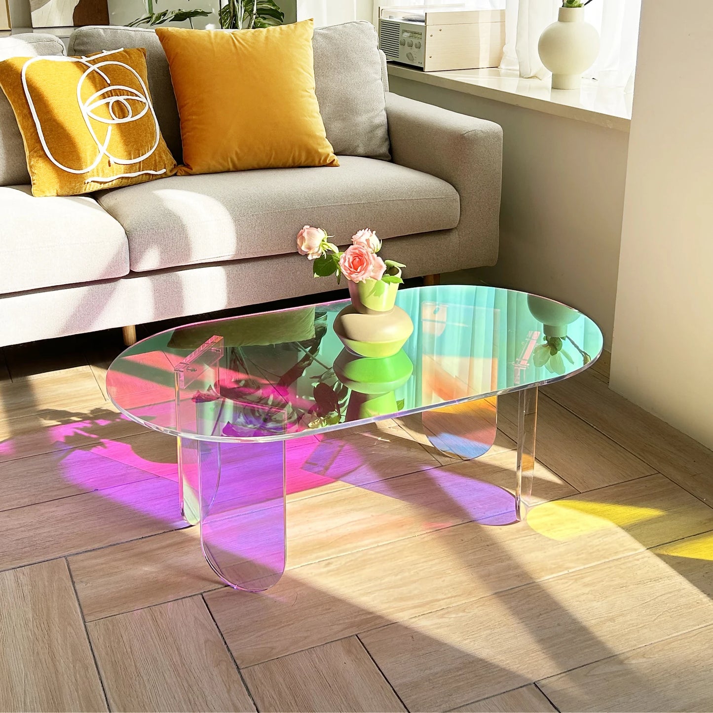 No-EN-Name-Null Modern Curved Corners Long Rectangle Shaped Iridescent Design Clear Acrylic Coffee Tables/Size: 37.4 in (L) x 19.7 in (W) x 14.2IN (H)