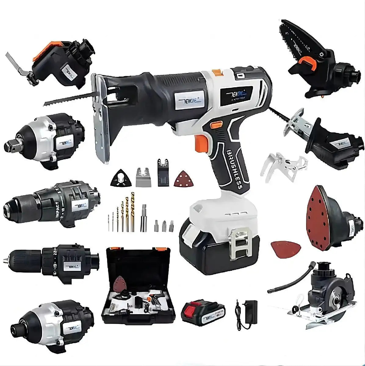ISFRIDAY 10-In-1 Household Multifunctional White-Black-Orange Plastic Body Cordless Drill Rechargeable Lithium Battery Power Tool Combo Sets/Colors-Red/Black/White/Gray/Orange/Silver/Multicolor