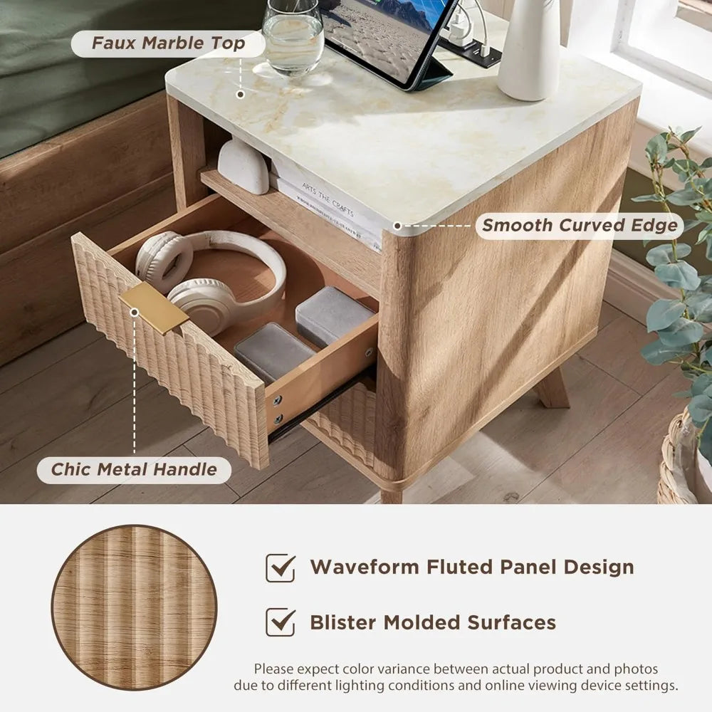ANGDUO White Faux Marble Top-Fluted Oak Wood Earth-Tone Veins Nightstands/Charging Station 2 AC outlets- 2 USB ports  / 2 Drawers /Dimensions: 18"D x 18"W x 24"H/ Colors-Natural Oak, Dark Walnut, Dark Gray, Solid White
