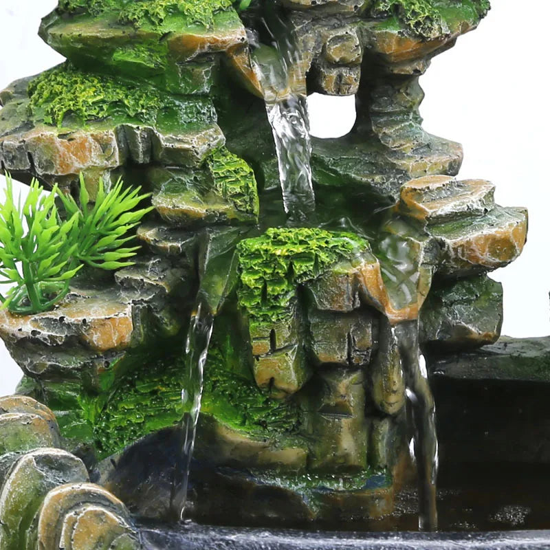 Green Resin LED Lights Indoor Bonsai Tree Foggy Mist Rocky Landscape Flowing Water Desktop Fountain/With US Plug