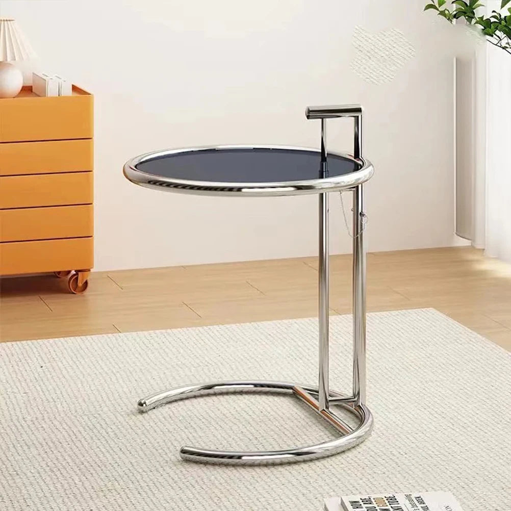 No-EN-Name-Null  Modern Round Shaped Liftable Clear Glass Tabletop C-Shaped Silver Stainless Steel Frame End Tables/Colors-Transparent Color/Gray/Brown