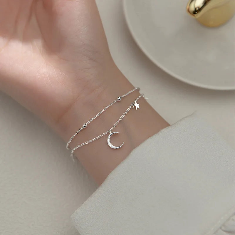 CHUHAN Women Sterling Silver-Plated Metal Geometric Double Layer Stars-Half Moon-Silver Tiny Bead Balls Charm Fine Imitation Chain Bracelets