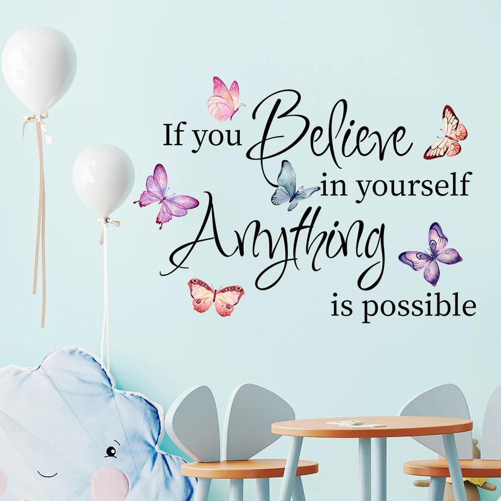 NULL Modern Multicolor Butterflies Animals Text Saying-If You Believe In Yourself-Anything Is Possible Positive Quotes Wall Art Home Decor Decals/Colors-Multicolor
