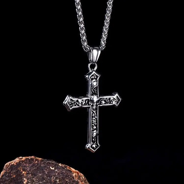 CY TRENDY Adult Men Fine Imitation Silver Stainless Steel Metal Gothic Skull Cross Pendant Box Chain Necklaces