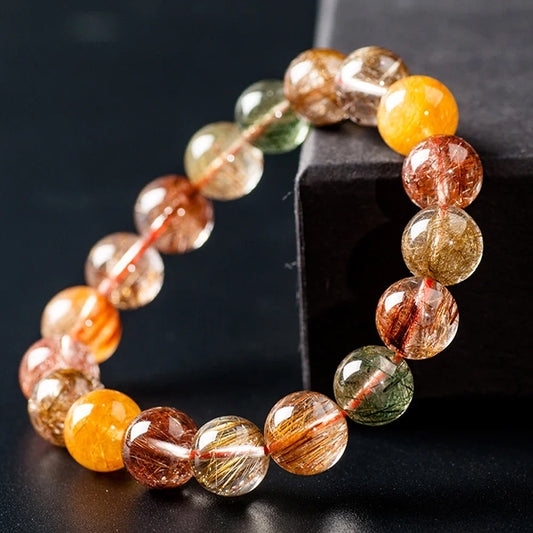 Adults Imitation Natural Crystal Colorful Rutilated Quartz Round Beaded Couple Bracelets/Colors-Multicolor/Black