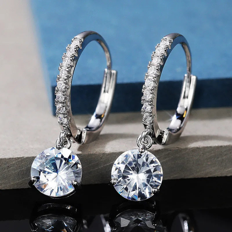 MODYLE Adult Women Imitation Cubic Zirconia Clear Diamond Stones Fine Jewelry Geometric Round Shaped Sterling Silver-Plated  Metal Dangle Water Drop Hoop Earrings