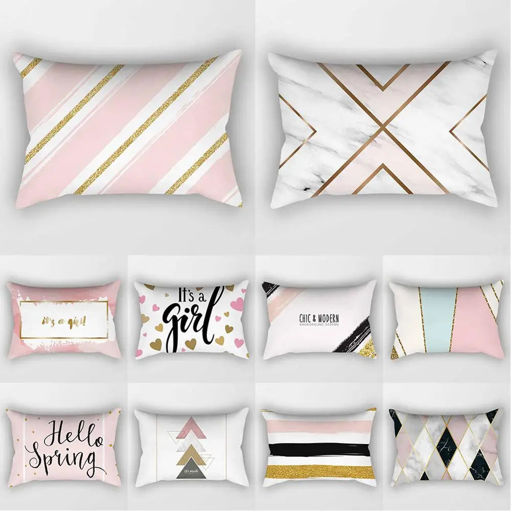 No-EN-Name-Null Modern Rectangle Single-Sided Pattern Pink Geometric Striped Polyester Peach Skin Fabric Pillowcases/Size: 30 cm X 50 cm (12 inches X 20 inches)/Colors-Striped/Geometric/Gold/Animal/White