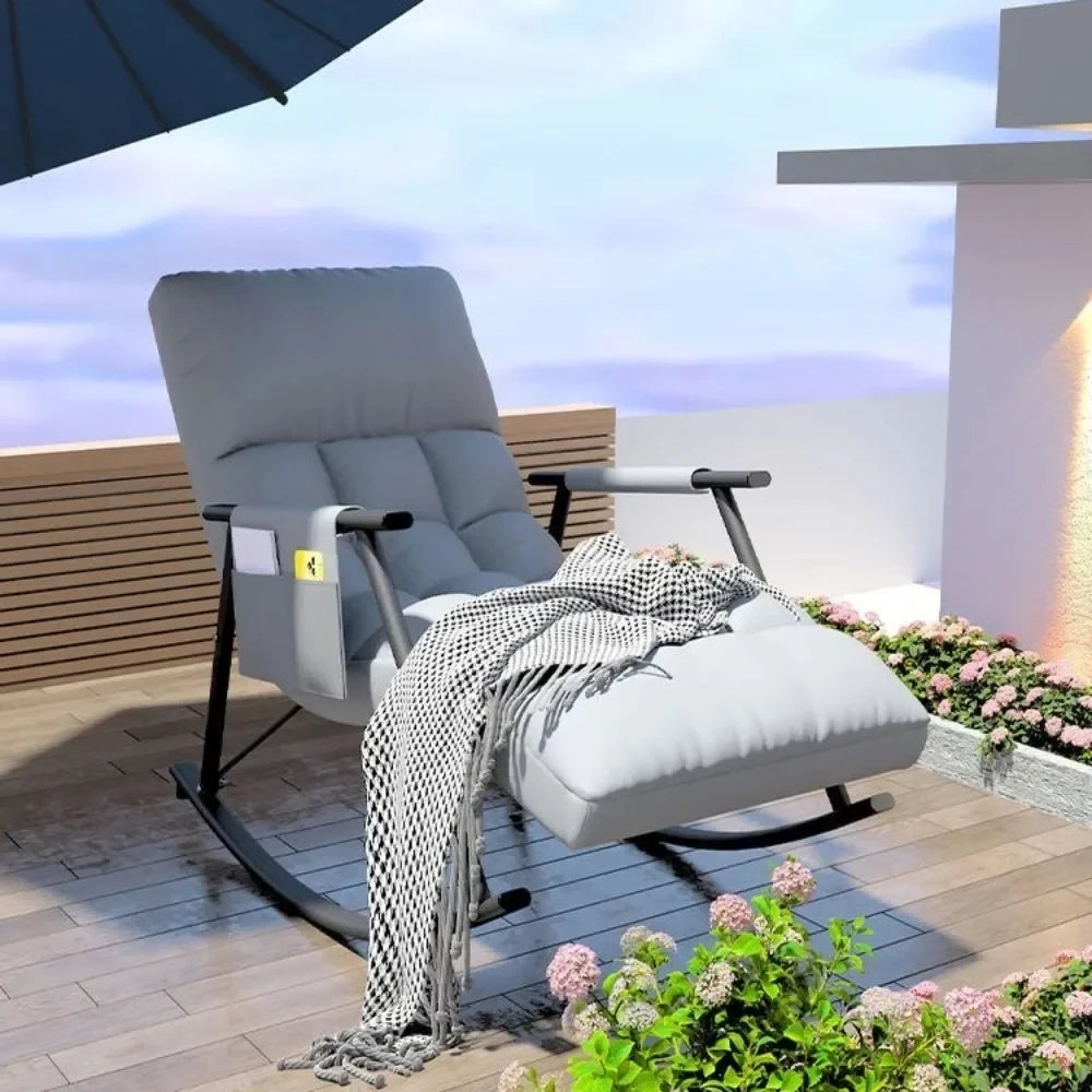 No-EN-Name-Null Modern Indoor-Outdoor Waterproof Five Gears Height Adjustments Linen-Velvet Soft Faux Leather Fabric Anti-Tipping Foldable Reclining Lazy Black Metal Frame Rocking Chairs/Colors-Beige/Orange/Gray/Side Pockets