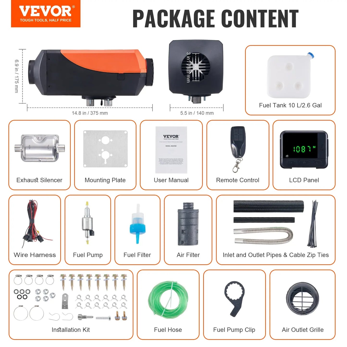 VEVOR Orange-Black Body HD LCD Display Silencer Remote Control Low-Noise DC-Powered 5KW Power Air Diesel Space Heaters
